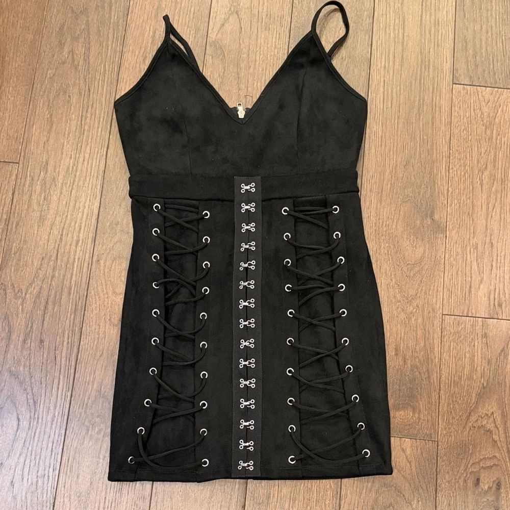 Who Am I Suede Black Lace-Up Dress NWT Size 8 - C8-003